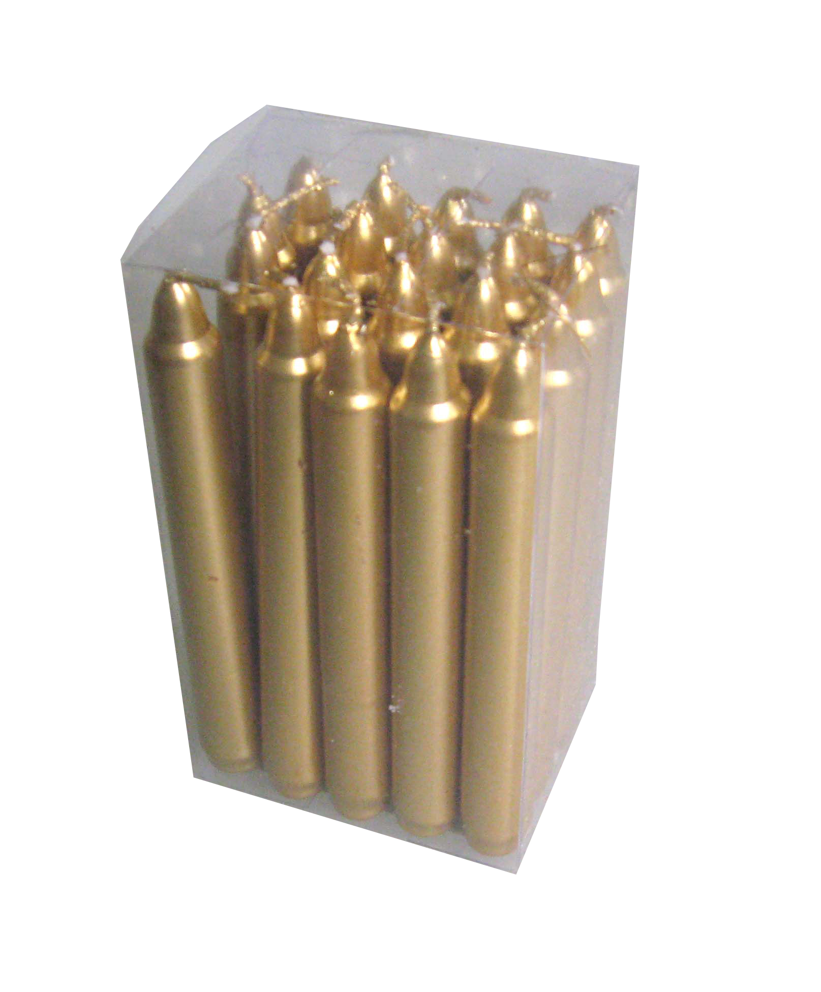 Packung mit goldenen Kerzen. 15 Kerzen in verschiedenen Höhen. Spitze Form, glänzende Oberfläche.