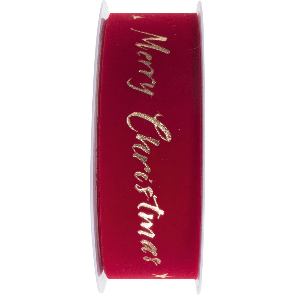 Geschenkband aus Samt Merry Christmas 2 m x 25 mm rot/gold