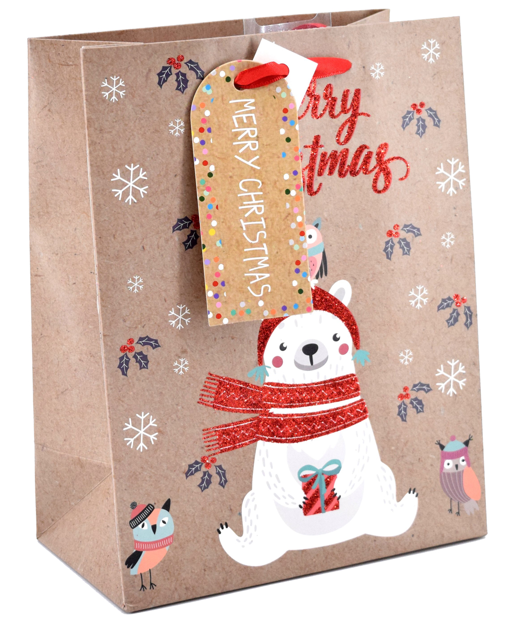 Geschenktüte mit einem weißen Bären und Weihnachtsmotiven. Auf der Tüte steht 'Merry Christmas'.