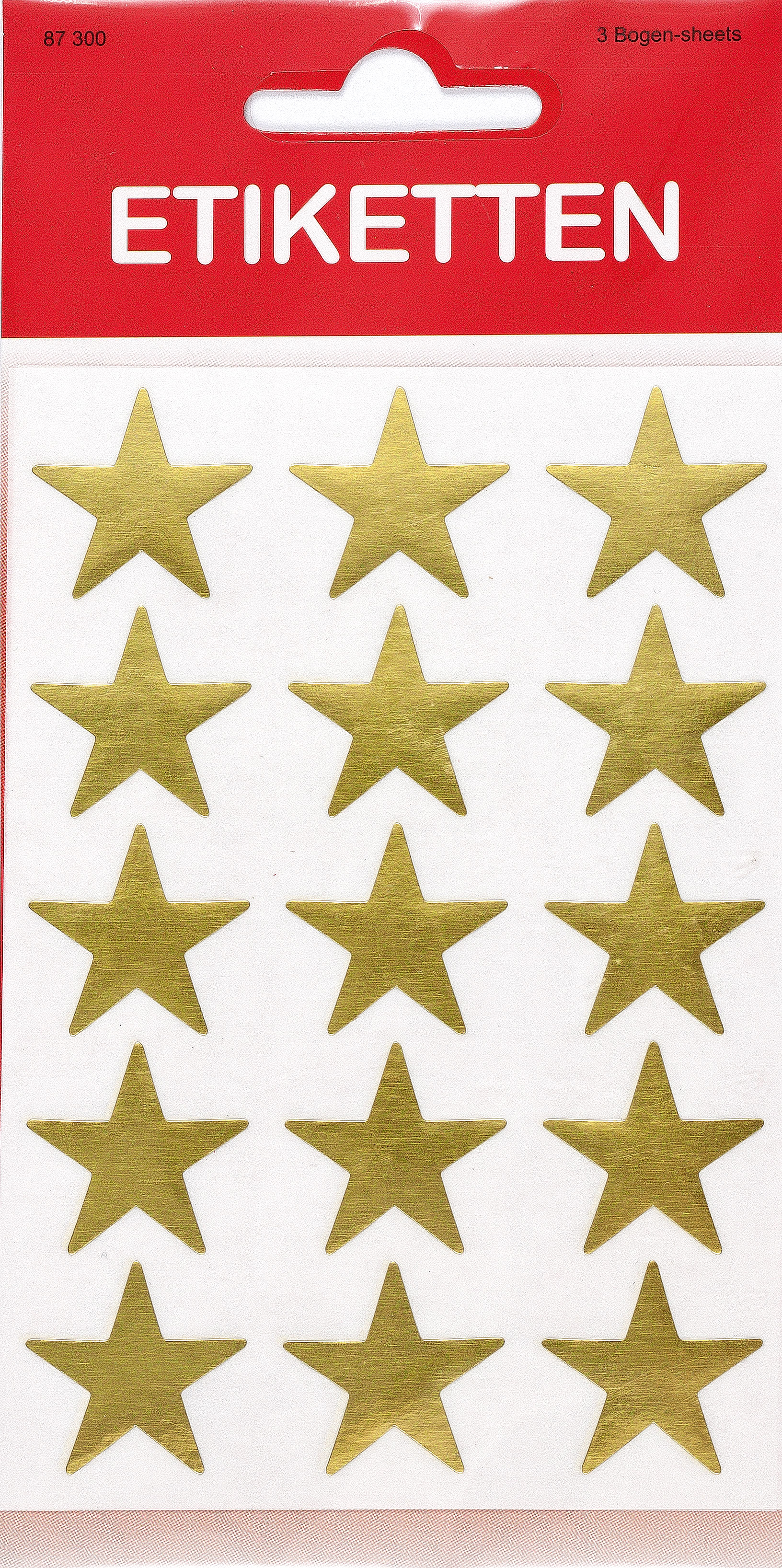 Aufkleber in Form von goldenen Sternen. 15 Sterne auf einem weißen Blatt.