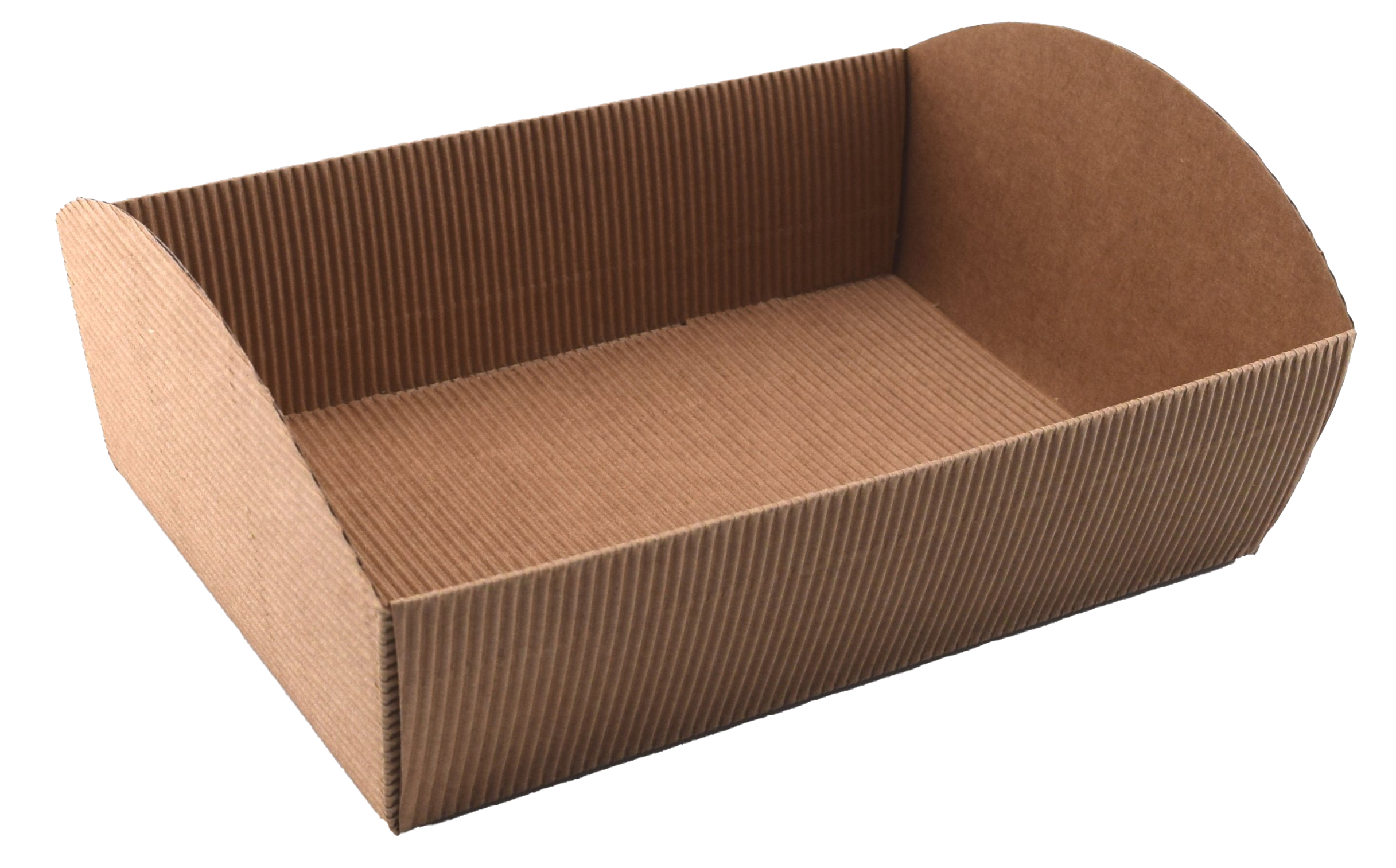 Kartonbox in braun mit gerillter Oberfläche. Rechteckige Form, offene Oberseite.
