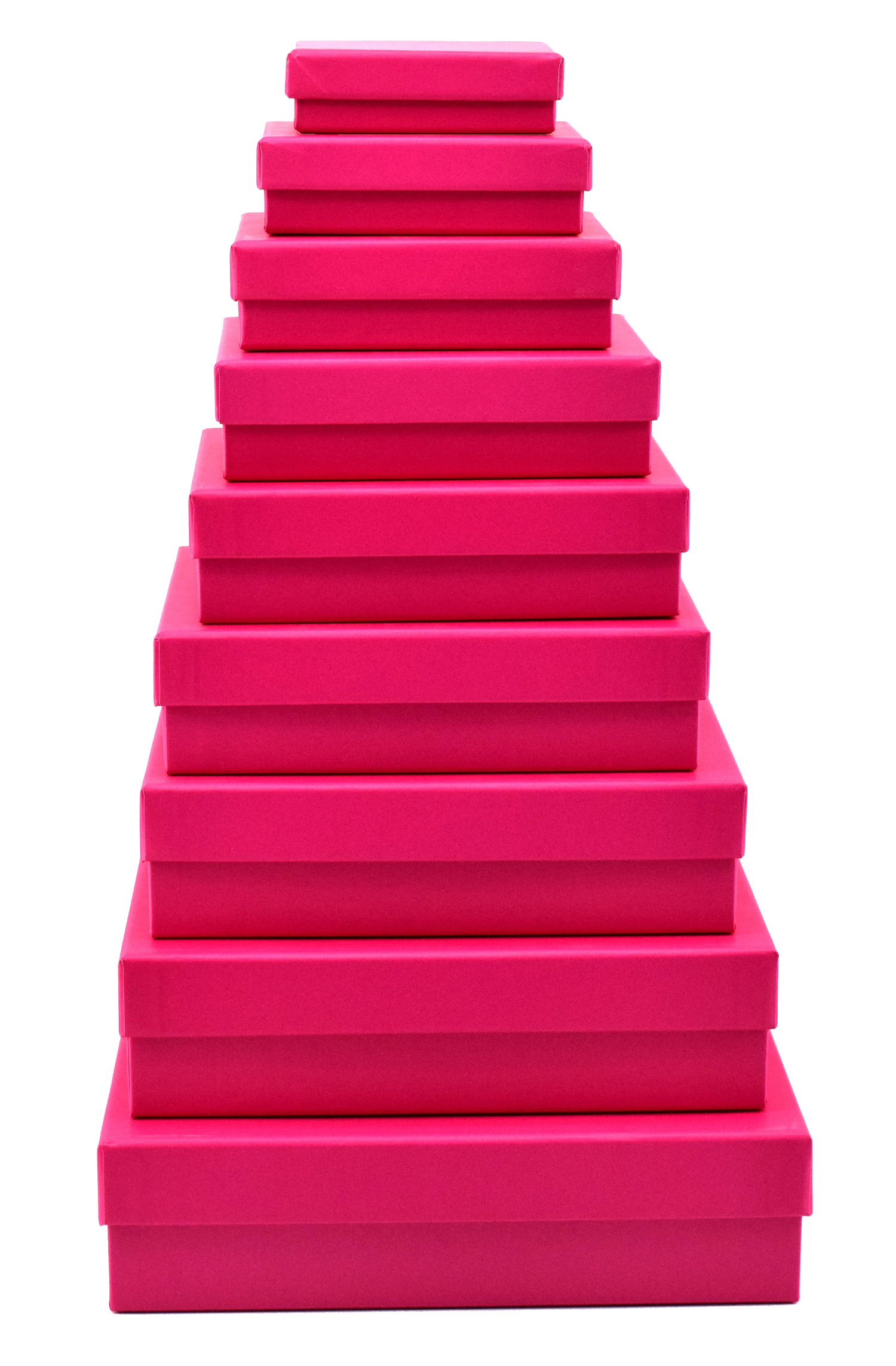 Zehn pinke Geschenkboxen, gestapelt in abnehmender Größe. Rechteckige Form, glatte Oberfläche.