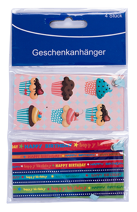 Geschenkanhänger mit bunten Cupcake-Motiven. Enthält vier Anhänger mit verschiedenen Designs und Aufschriften.