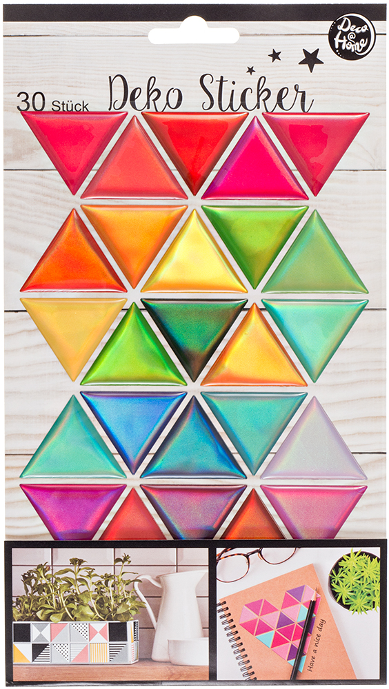 Bogen mit 30 bunten Deko-Stickern in Form von Dreiecken. Farben reichen von Rot über Grün bis Blau.