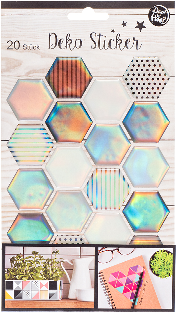 Set von 20 hexagonalen Deko-Stickern in verschiedenen Farben und Mustern. Einige sind glänzend, andere haben Streifen oder Punkte.