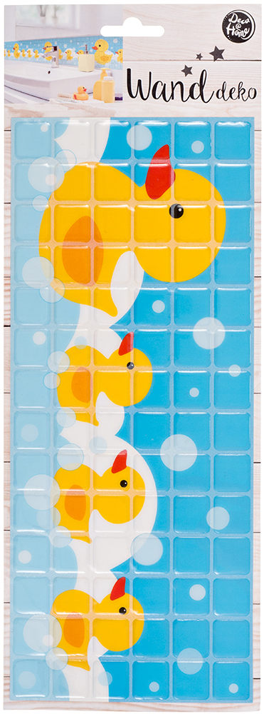 Wanddeko mit drei gelben Enten auf blauem Hintergrund. Bubbles in verschiedenen Größen sind ebenfalls abgebildet.