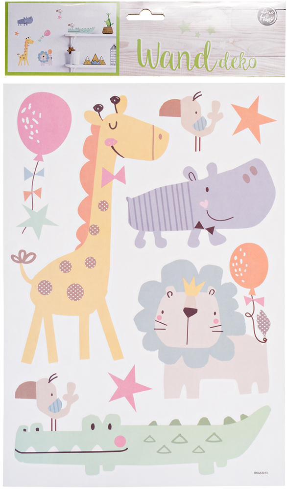 Bunte Wandsticker mit Tieren wie Giraffe, Löwe und Krokodil. Enthält auch Luftballons und Sterne.