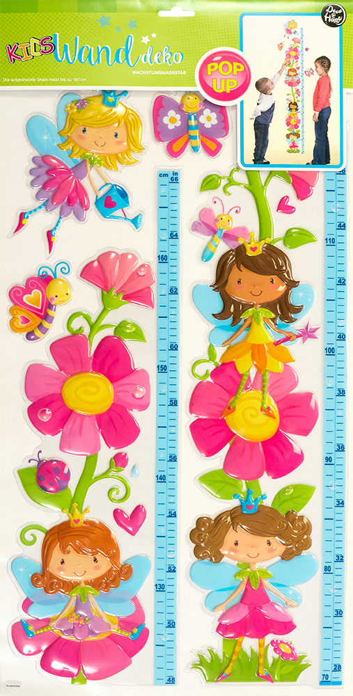 Wachstumsmaßstab für Kinder. Bunte Motive: Feen, Blumen, Schmetterlinge. Skala bis 150 cm. Aufkleber mit 3D-Effekt.