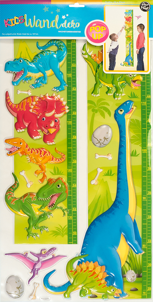 Wachstumsmesser mit Dinosauriermotiven. Bunte Figuren und Messskala auf grünem Hintergrund.