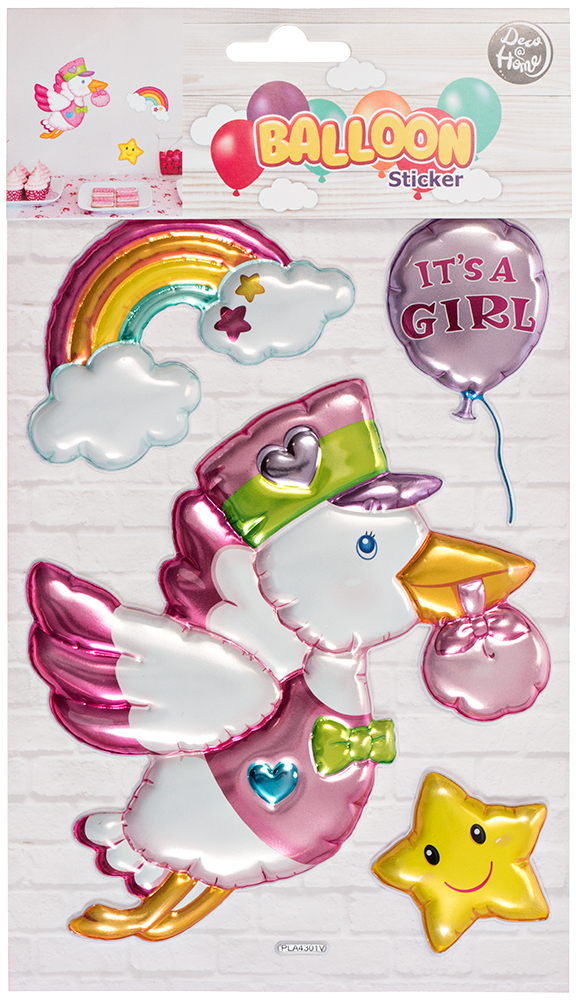 Bunte Aufkleber in Form von Luftballons, einer Ente und einem Regenbogen. Der Aufkleber mit dem Text 'It's a girl' ist lila.