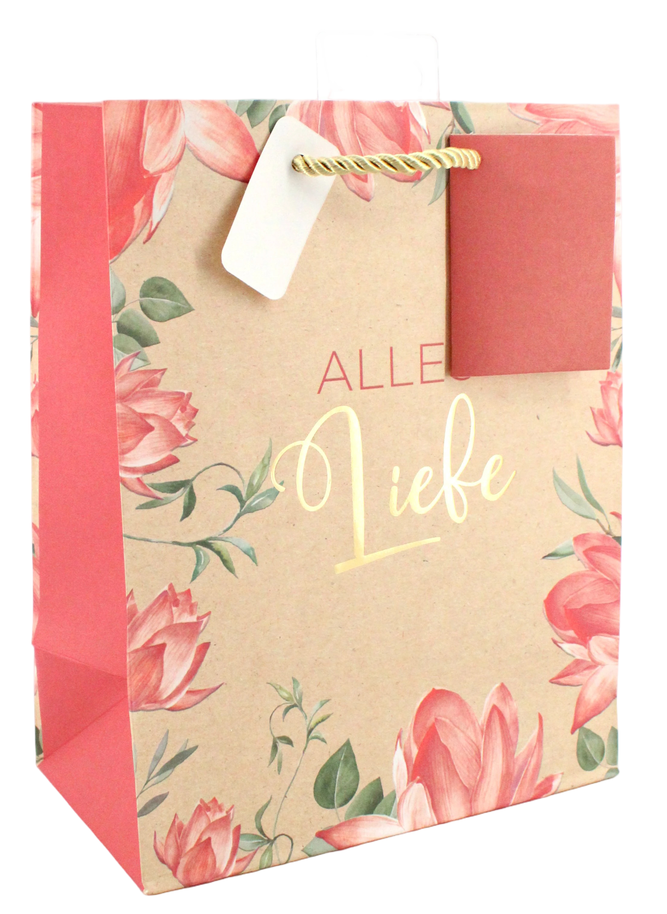 Geschenktüte mit floralen Motiven in Rosa und Grün. Auf der Vorderseite steht 'ALLES Liebe' in goldener Schrift.