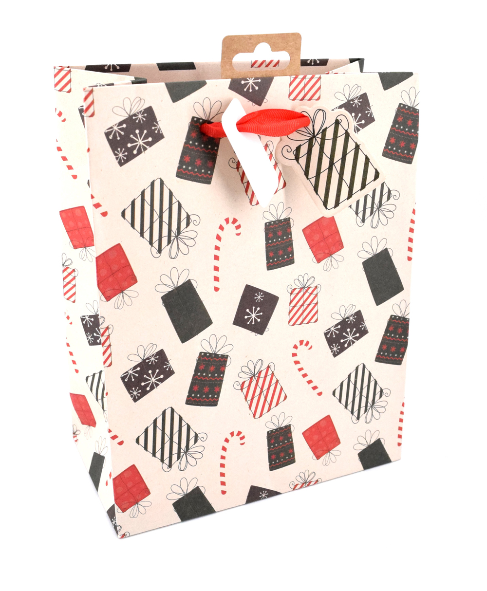 Geschenktüte mit buntem Geschenkedesign. Farben sind rot, schwarz und weiß.