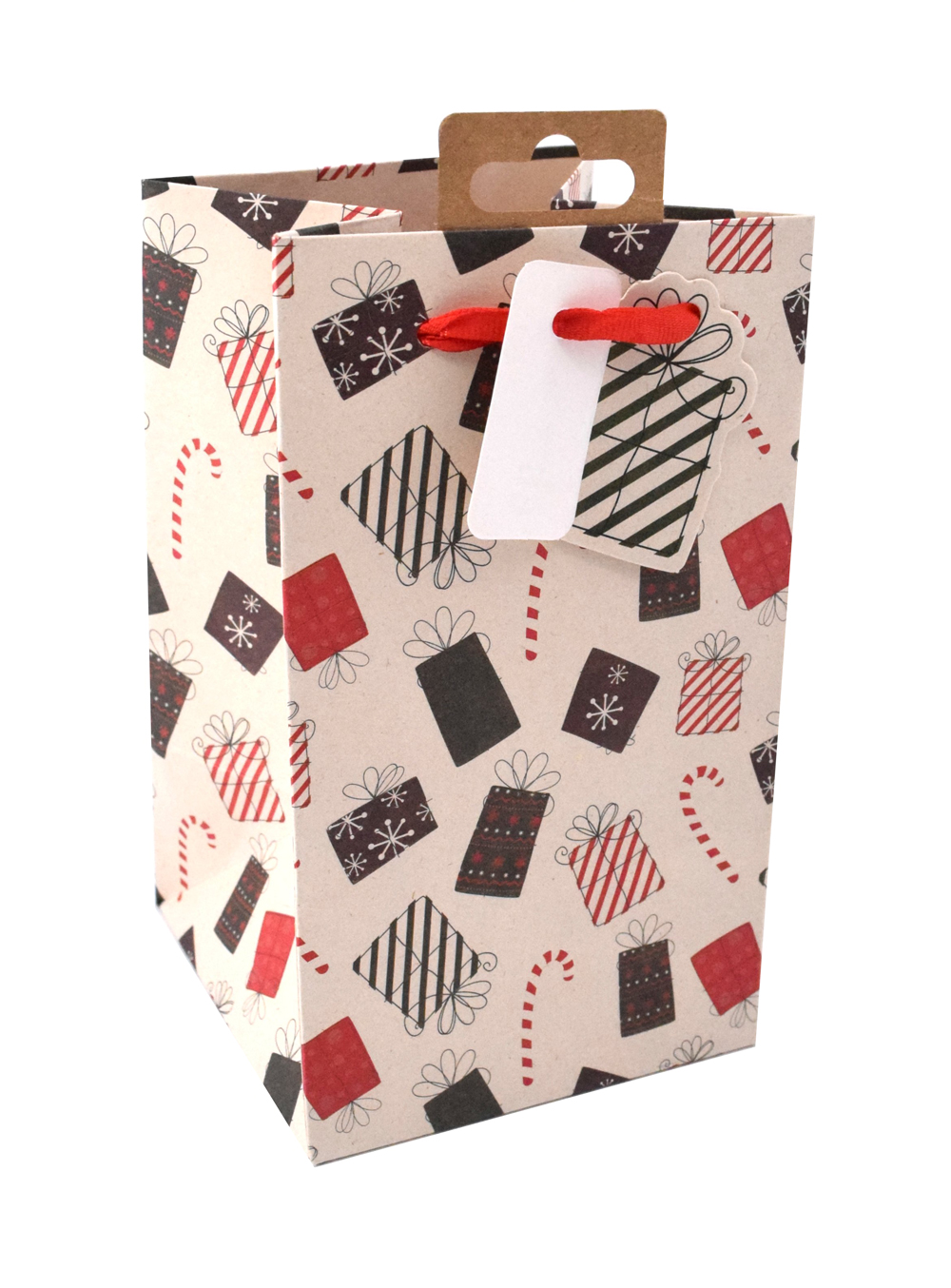 Geschenktüte mit buntem Geschenkedesign. Enthält rote und schwarze Geschenke sowie Zuckerstangen.
