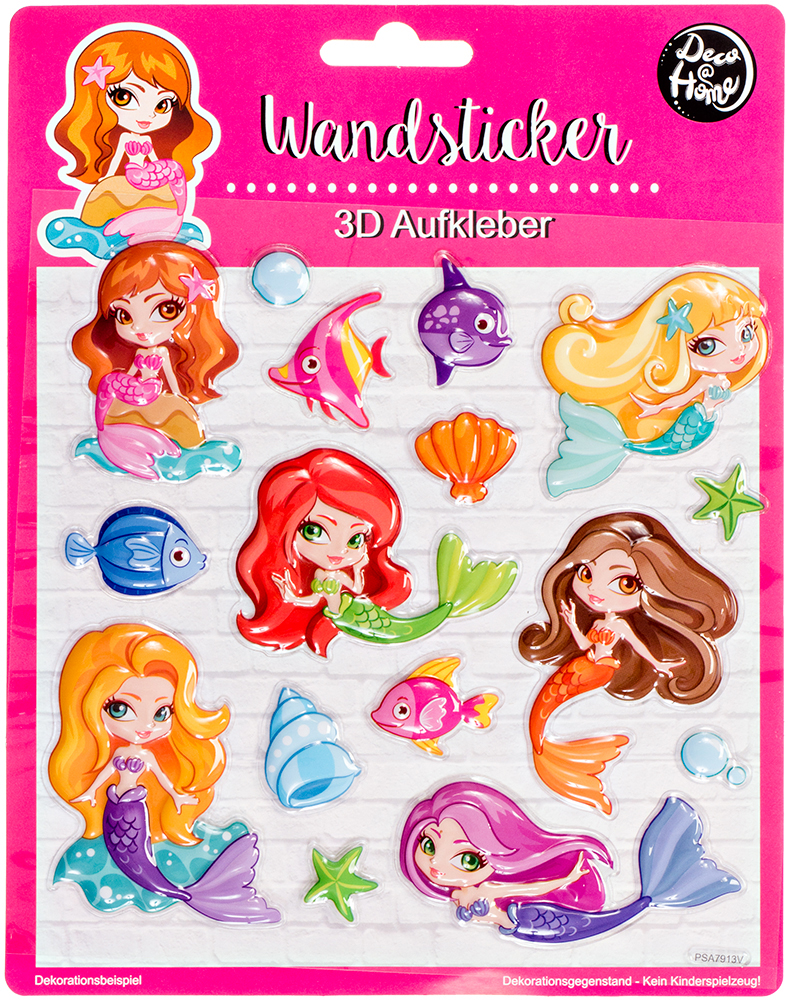 Bogen mit 3D Wandstickern. Mehrere Meerjungfrauen in verschiedenen Farben. Fische, Muscheln und Sterne. Bunte, kindgerechte Designs.