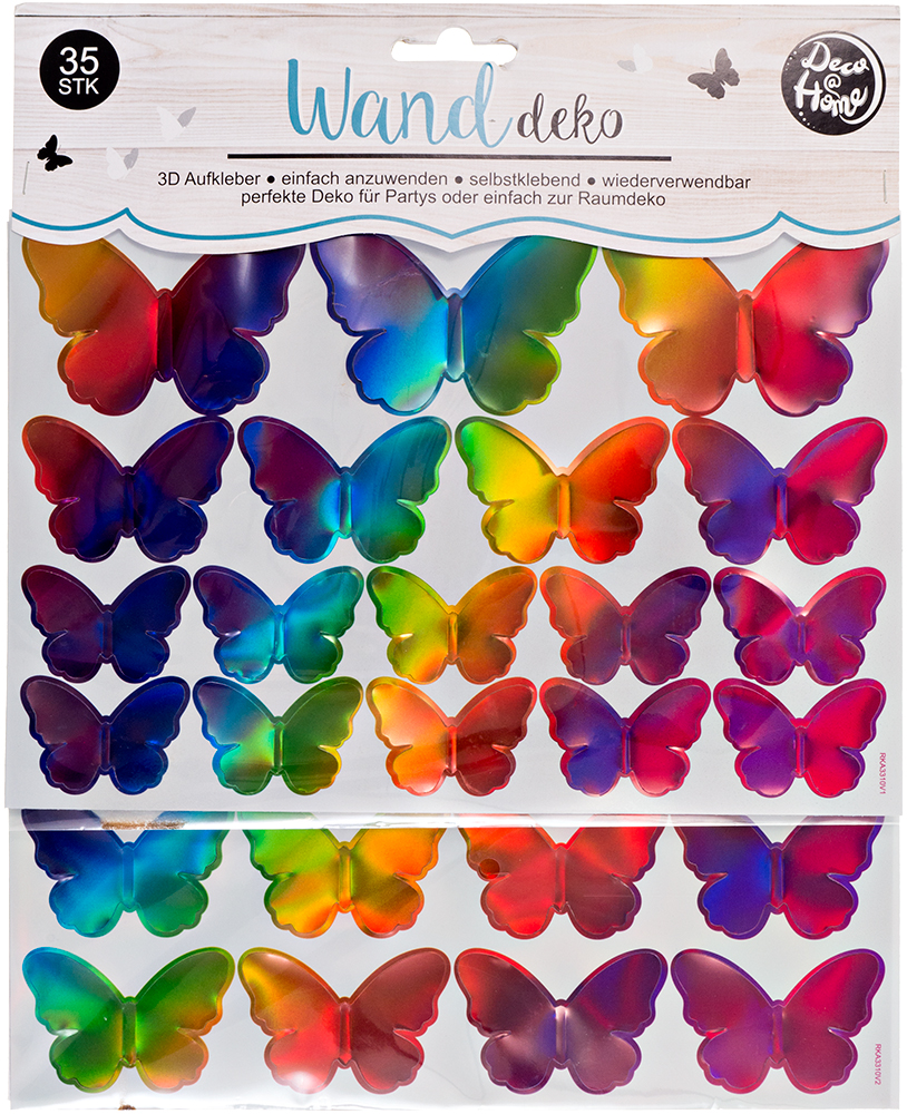 35 bunte Schmetterlinge als 3D-Aufkleber. Selbstklebend und wiederverwendbar. Ideal für Raumdekoration oder Partys.