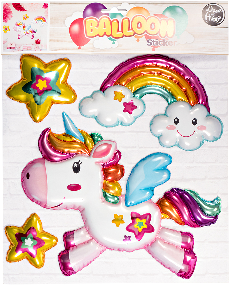 Bunte Luftballon-Aufkleber mit einem Einhorn, einem Regenbogen, Wolken und Sternen. Die Motive sind glänzend und farbenfroh.