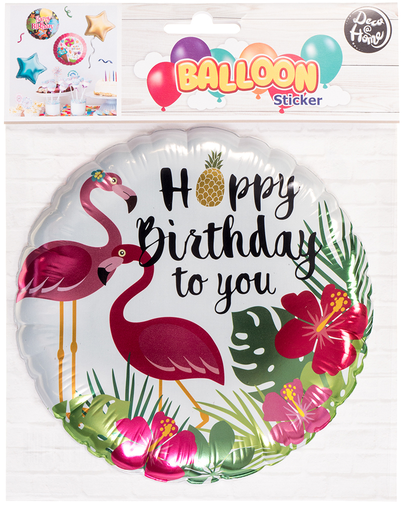 Runder Folienballon mit dem Aufdruck 'Happy Birthday to you'. Verziert mit Flamingos und tropischen Pflanzen.