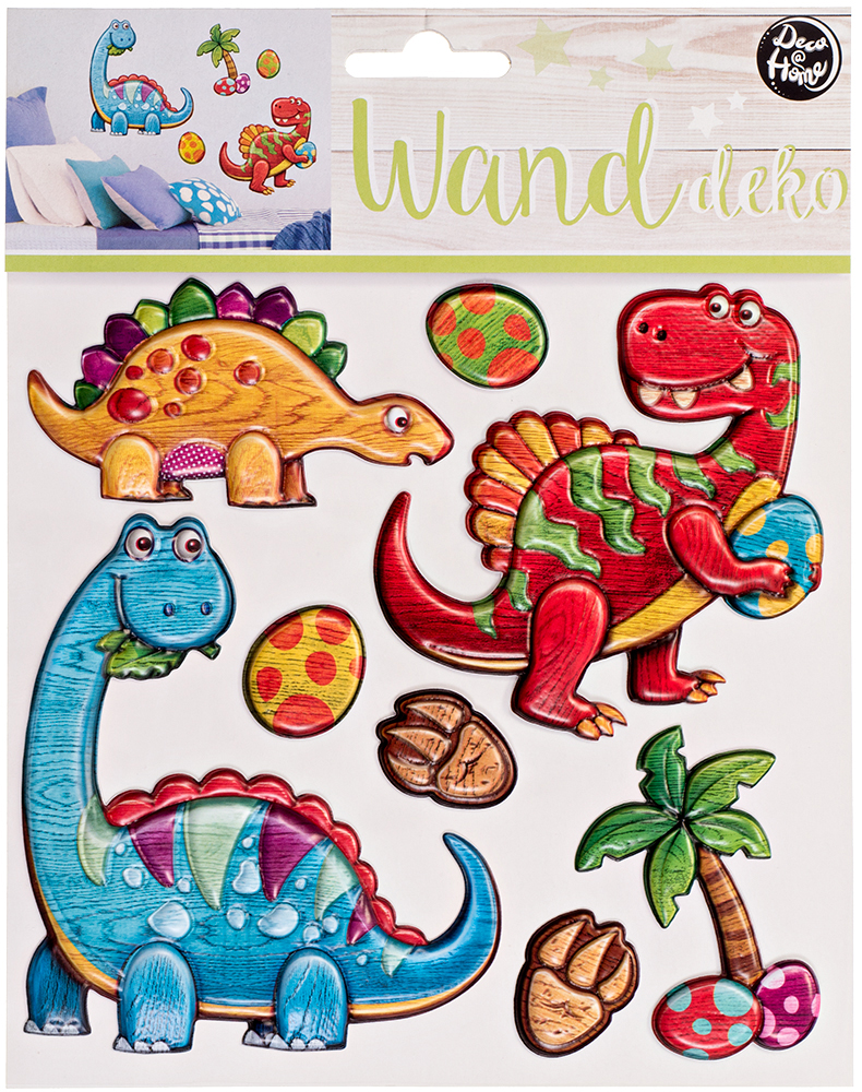 Wanddeko mit bunten Dinosauriern und Eiern. Enthält verschiedene Formen und Farben.
