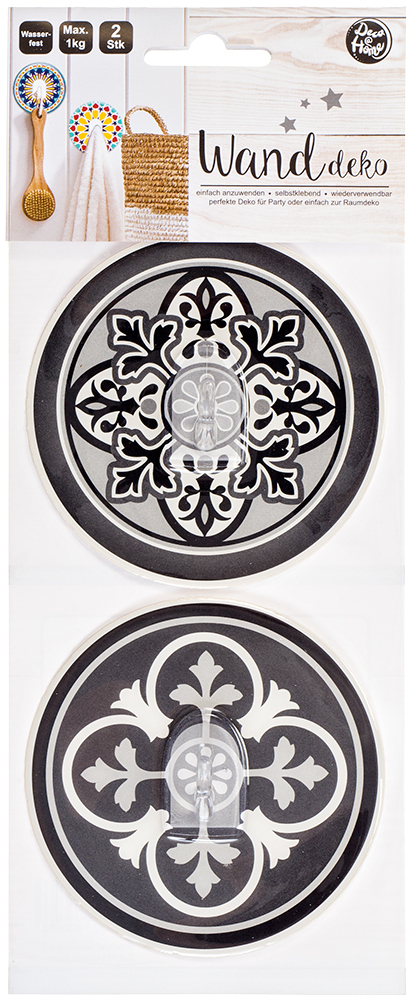 Zwei runde Wanddekorationen in Schwarz und Weiß. Ornamental gestaltet. Selbstklebend, wasserfest, wiederverwendbar. Maximal 1 kg Tragkraft.