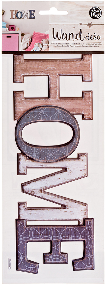 Wanddeko mit dem Wort 'HOME'. Buchstaben in verschiedenen Holzoptiken. Ovaler Buchstabe 'O' mit geometrischem Muster.