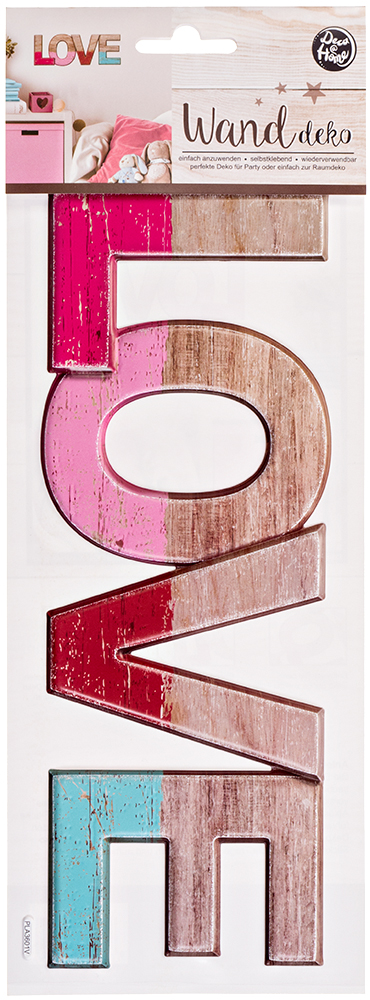 Wanddeko mit dem Wort 'LOVE'. Buchstaben in verschiedenen Farben: pink, rot, braun und blau. Rustikaler, holzähnlicher Look.