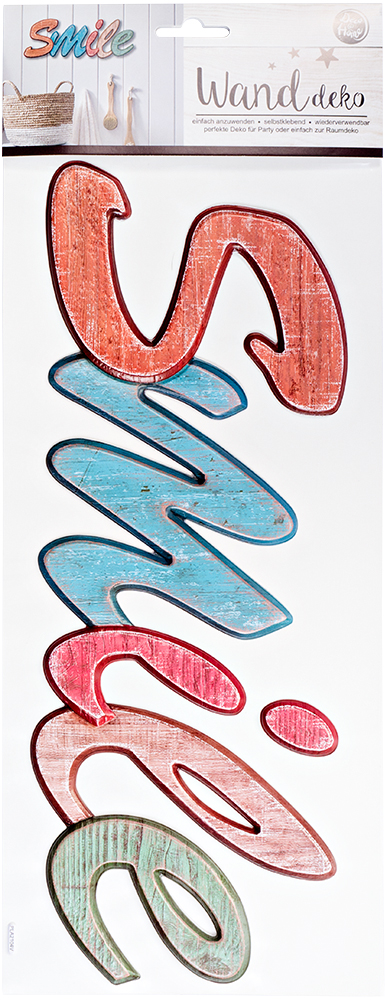 Wanddeko mit dem Wort 'Smile' in bunten, geschwungenen Buchstaben. Farben sind rot, blau, pink und grün.