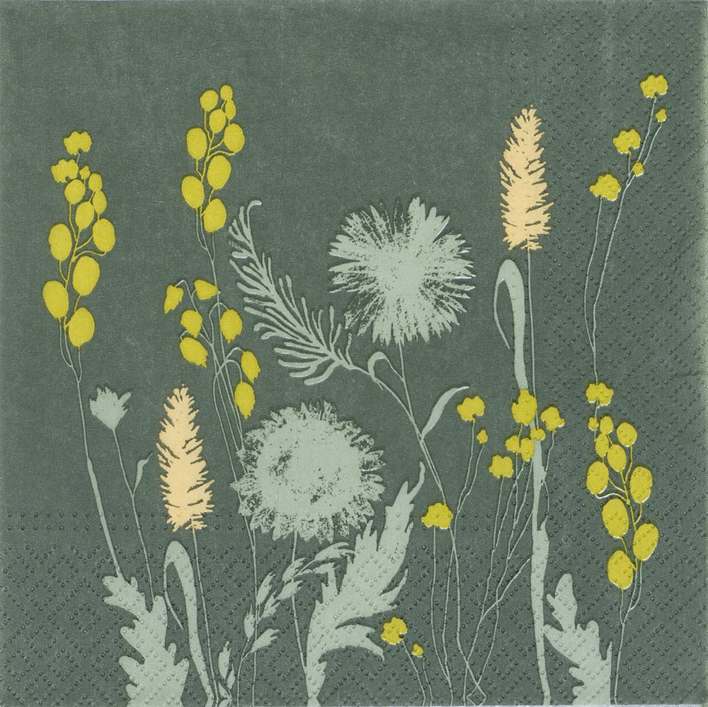 Muster mit verschiedenen Blumen in gelb und hellblau auf grauem Hintergrund. Die Blumen sind stilisiert und variieren in Form und Größe.