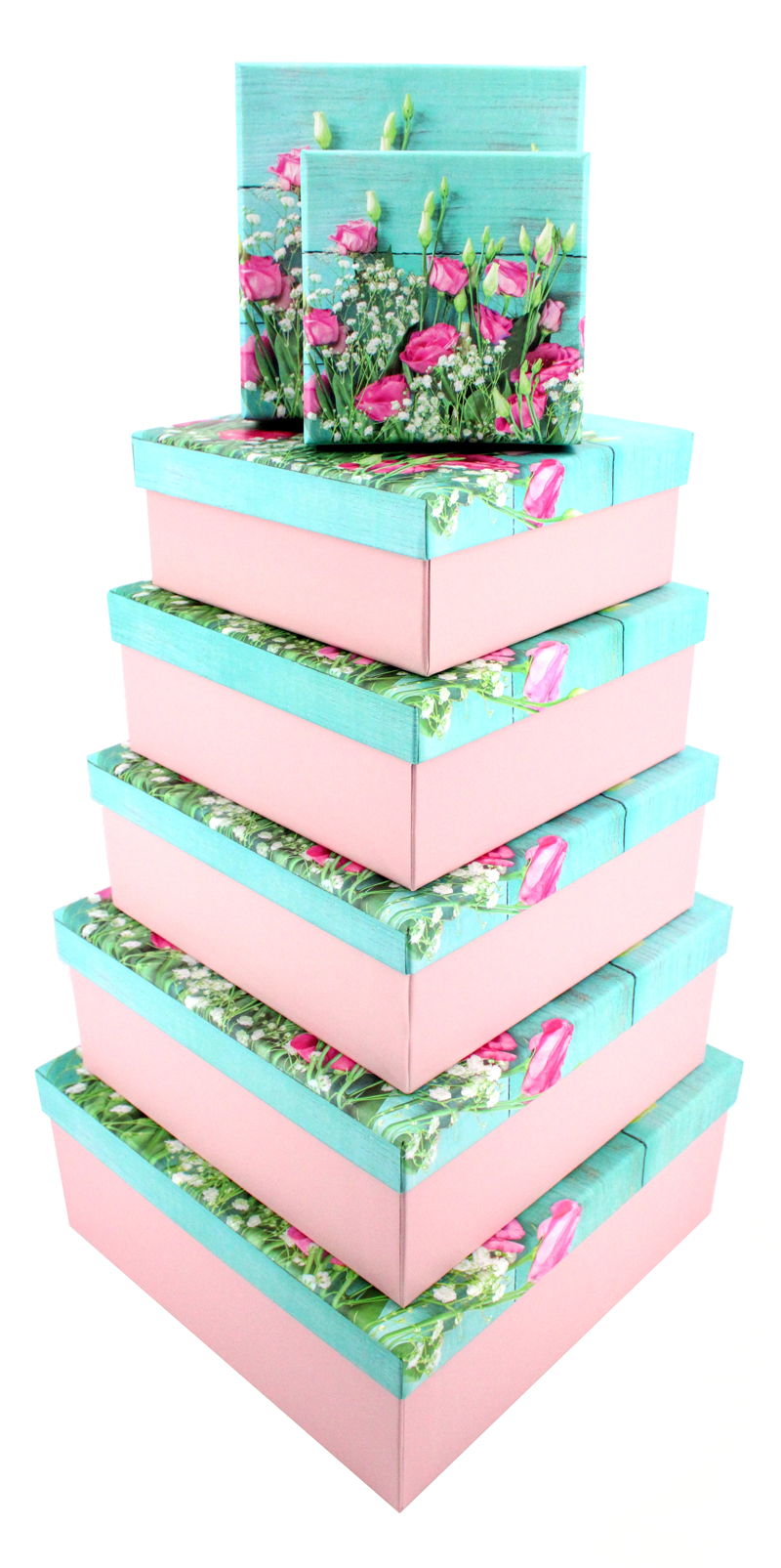 Sechs stapelbare Geschenkkartons. Pinke Seiten mit blauen Deckeln. Blumenmuster mit rosa Tulpen und grünem Blattwerk auf den Deckeln.