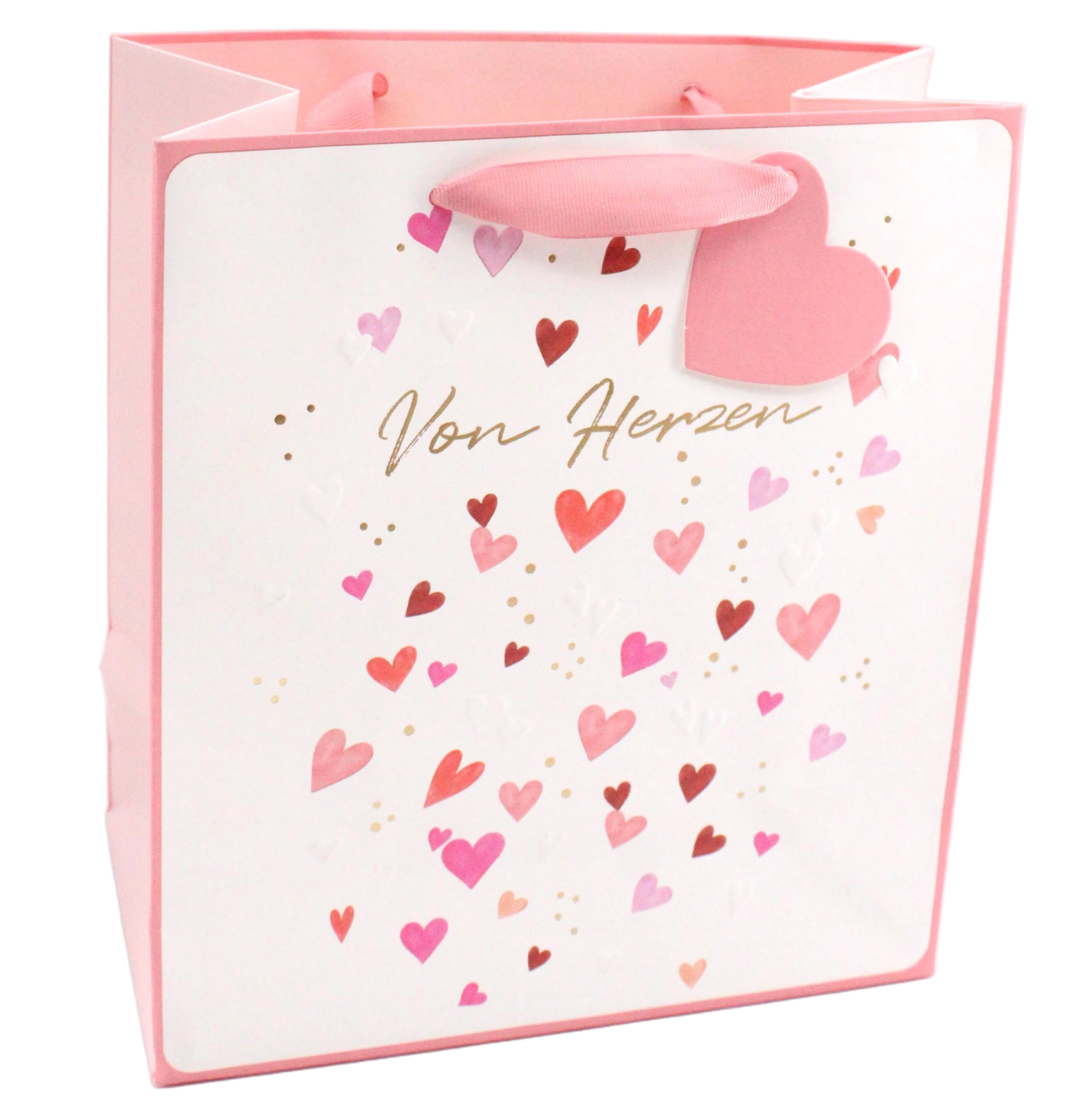 Geschenktüte in Rosa und Weiß. Verziert mit Herzen in verschiedenen Farben. Goldene Schrift 'Von Herzen'.
