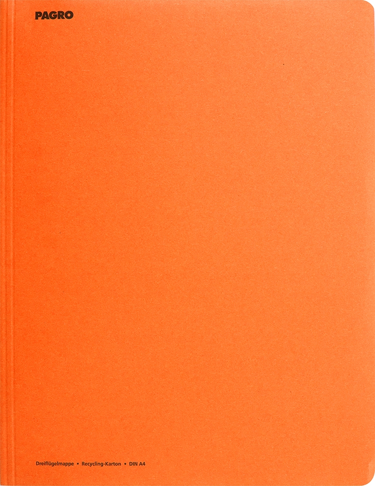 Orangefarbene Mappe aus Recycling-Karton. DIN A4 Format, schlichte Gestaltung.