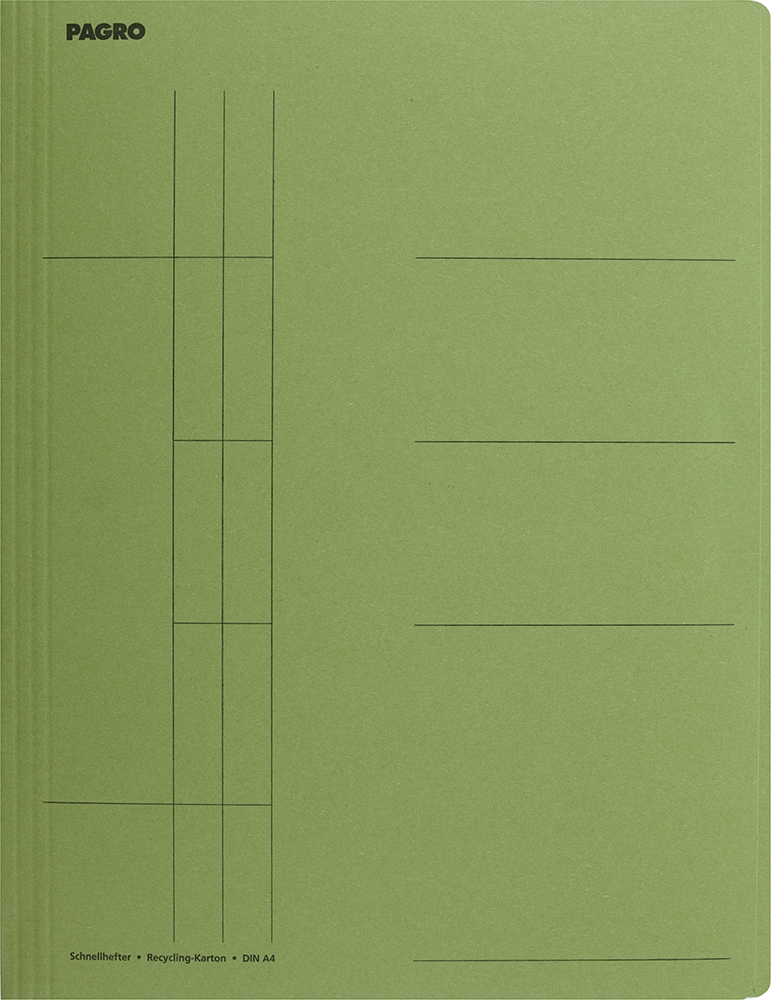 Grüner Schnellhefter aus Recycling-Karton. DIN A4 Format mit Linien für Beschriftung.