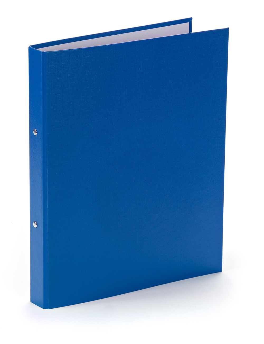 blauer Ordner mit glatter Oberfläche. Geschlossen, mit zwei Metallringen innen.