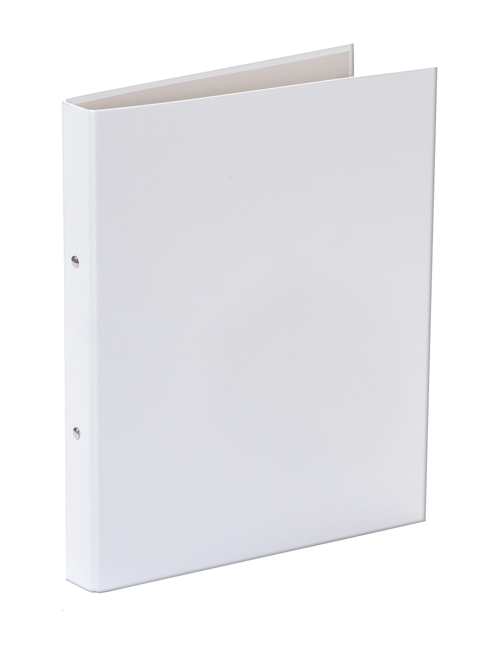 Weißer Ordner mit zwei Ringen. Schlichtes Design, keine Aufschrift.