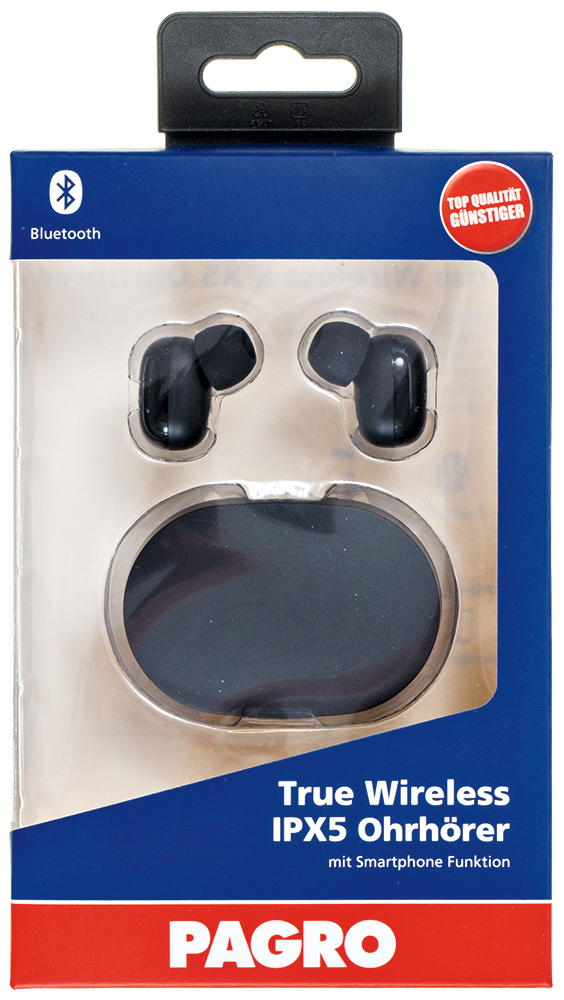 Schwarze True Wireless Ohrhörer in Verpackung. IPX5 wasserfest mit Smartphone Funktion.