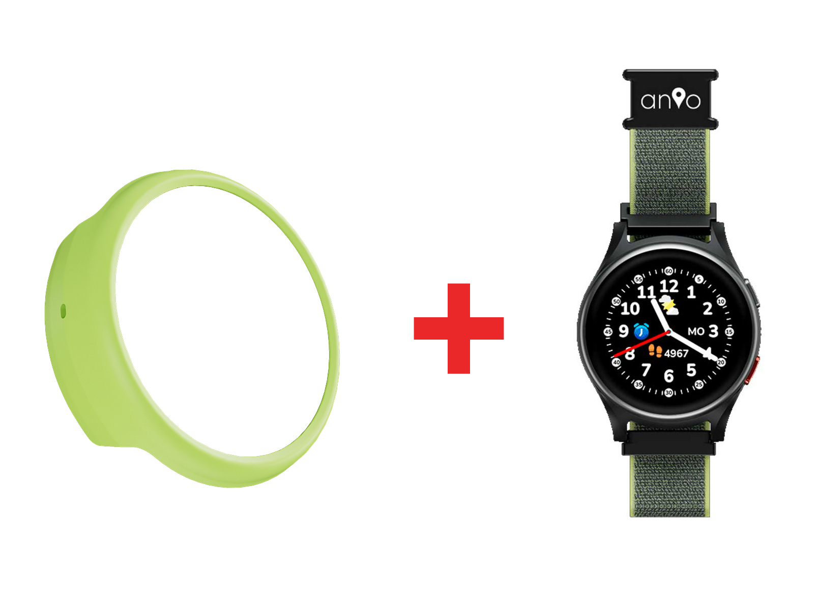 Grüner Ring und eine schwarze Smartwatch mit buntem Ziffernblatt. Die Uhr hat ein Textilarmband.
