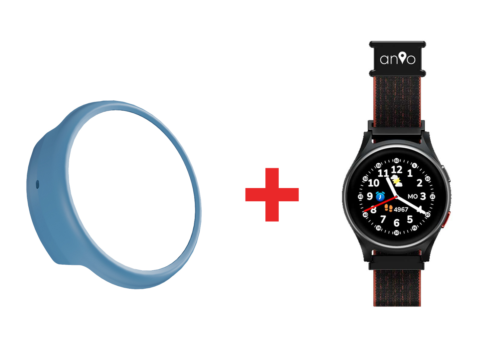 Ein blauer Ring und eine schwarze Smartwatch mit buntem Ziffernblatt. Die Uhr hat ein sportliches Design.