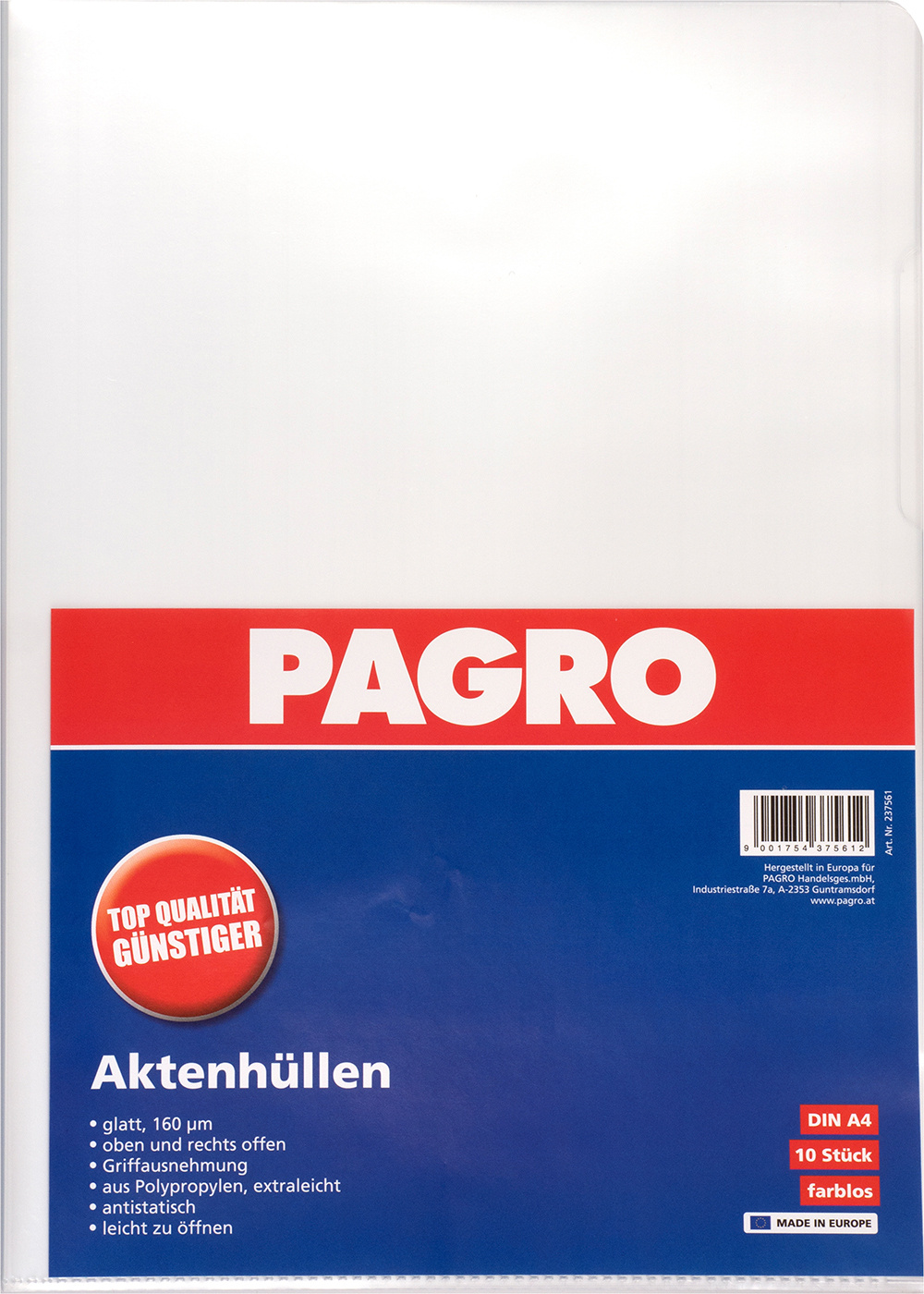 PAGRO Aktenhüllen A4 160 mµ 10 Stück transparent glatt