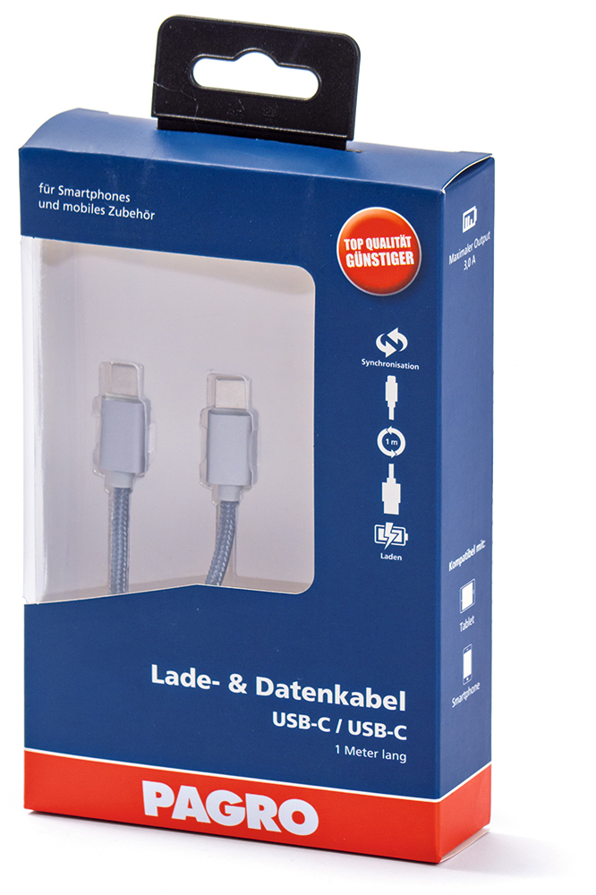 Verpackung für ein USB-C Lade- und Datenkabel. Kabel ist 1 Meter lang und für Smartphones geeignet.
