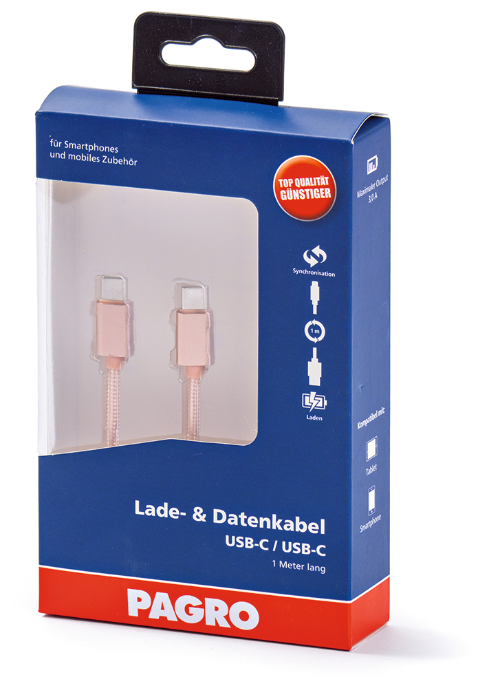 Lade- und Datenkabel USB-C in rosa. Verpackung zeigt zwei Anschlüsse und ist 1 Meter lang.