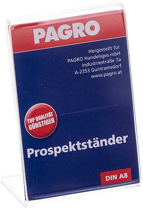 Aufsteller für Prospekte. Dunkelblauer Hintergrund mit rotem Logo 'PAGRO'. Text in Weiß: 'Prospektständer'. Größe DIN A8.