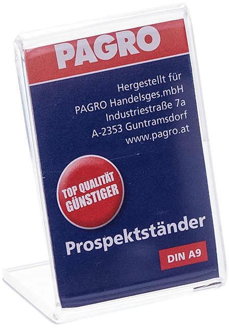 Aufsteller für Prospekte. Rote und blaue Farben. Text: 'TOP QUALITÄT GÜNSTIGER'. Größe DIN A9.