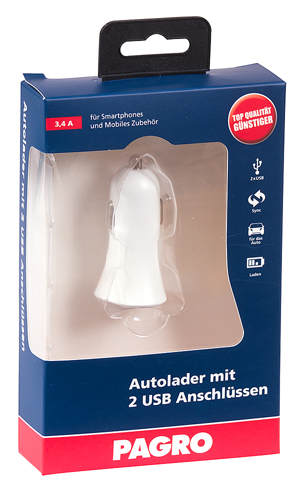 weißer Autoladegerät mit zwei USB-Anschlüssen. Verpackung in blau und rot. Hinweis auf 3,4 A Leistung.