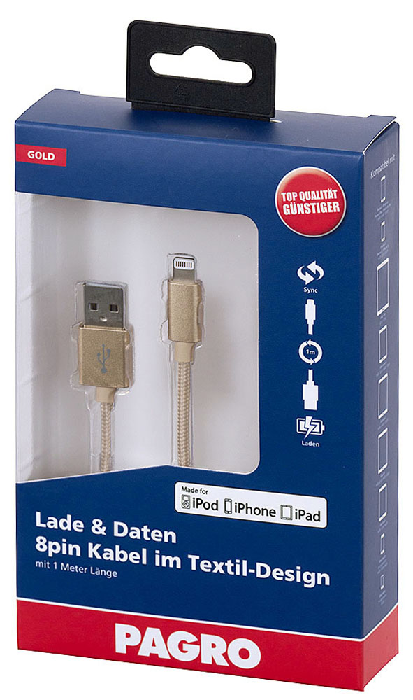 Verpackung für ein 1 Meter langes USB-auf-Lightning-Kabel. Kabel im Textil-Design, geeignet für iPod, iPhone und iPad.