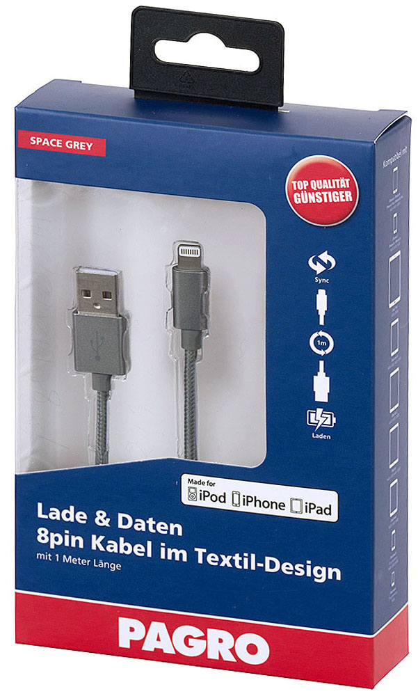 Verpackung für ein 1 Meter langes Lade- und Datenkabel. Farbe: Space Grey. Textil-Design. Kompatibel mit iPod, iPhone, iPad.