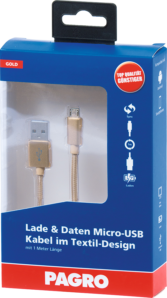 Verpackung für ein goldfarbenes Micro-USB Kabel. Kabel ist 1 Meter lang und hat ein Textil-Design.