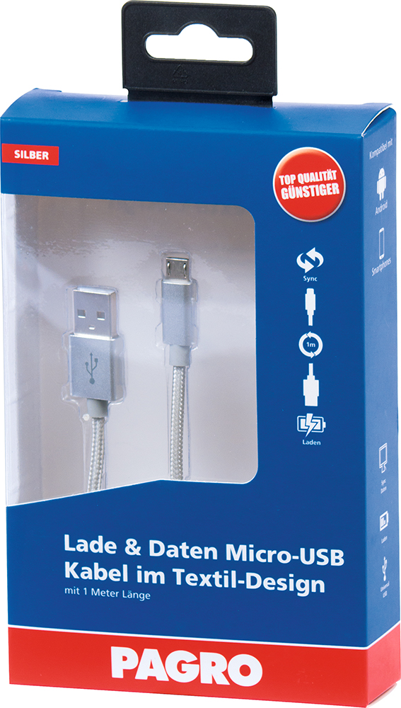Micro-USB Kabel in Silber mit Textil-Design. Länge von einem Meter.