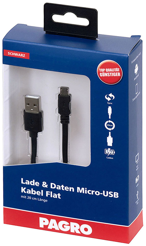 Verpackung für ein Micro-USB Kabel. Kabel ist flach und 20 cm lang.