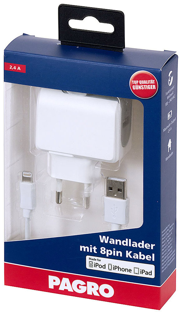 weißer Wandladegerät mit 8-Pin Kabel. Verpackung in blau-rot. Hinweis auf Kompatibilität mit iPod, iPhone, iPad.