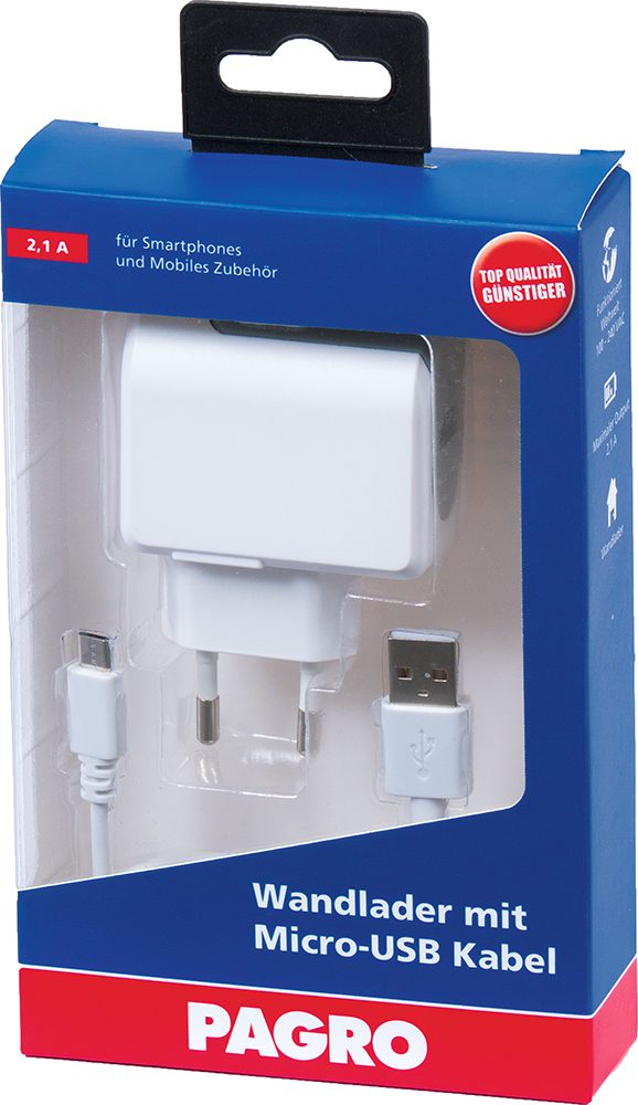 Weißes Ladegerät mit Micro-USB Kabel. Verpackung in blau und rot mit der Aufschrift 'Wandlader mit Micro-USB Kabel'.