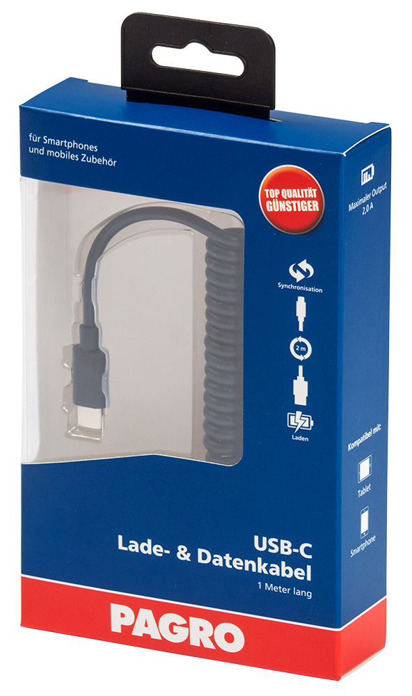 USB-C Lade- und Datenkabel in einer Verpackung. Kabel ist 1 Meter lang und geeignet für Smartphones.